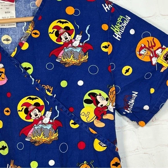 Disney Halloween Mickey Mouse Minnie Scrub Top Women’s Small Blue V Neck - Picture 10 of 11